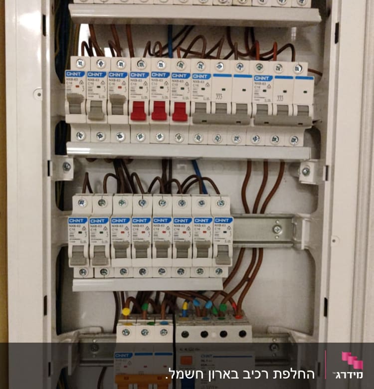 לוח חשמל עם מפסקים וחוטים צבעוניים